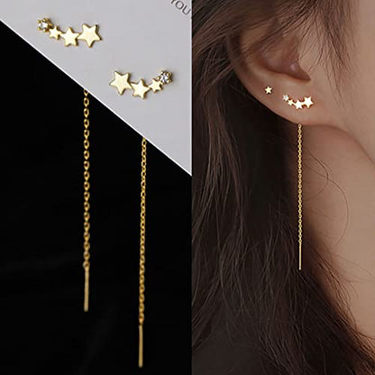 Boho Wedding Tiny Cz Star Threader Earrings Gold Pull Through Earrings Thread Dainty Long Chain Tassel Dangle Small Crystal Climber Simple Crawler Stud Line Bar Chain Drop Delicate Minimalist Women