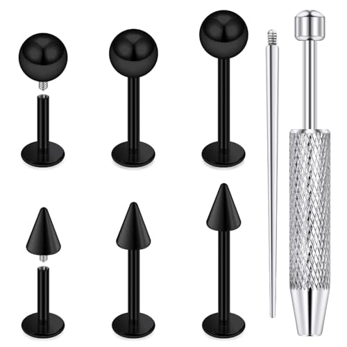 Internally Threaded Labret Studs 18G 16G 14G Surgical Steel Lip Piercing Jewelry with Claw Tool Monroe Snake Bite Jewelry Flat Back Barbell for Women Men Plus Piercing Ball Grabber Tool - color: black, size: 14g,ball+spike end