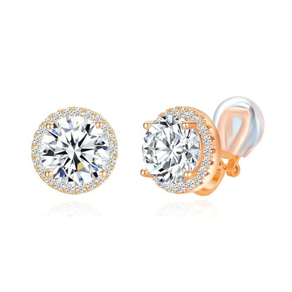 YOQUCOL 10MM Cubic Zirconia Crystal Clip On Stud Earrings Round Non Pierced Earrings for Women - color: Rose gold-White