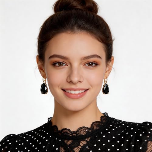 Gold Tone Teardrop Crystal Leverback Earrings Black and Metallic Earrings for Women Specific Rhinestone Water Droplet Dangle Drop Jewelry Black Teardrop Party Gifts
