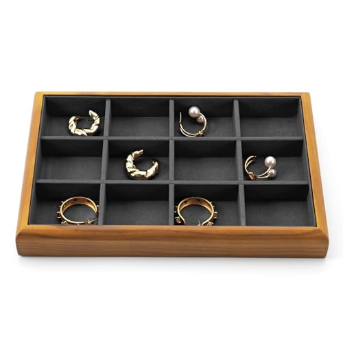 Oirlv Wood 12-Compartment Jewelry Tray Dark Grey | Solid Wood Frame, Soft Microfiber Interior, 9.84X17X1.18in, Versatile Jewelry Storage, Sturdy Construction, Elegant Display - color: Grey, size: 12 grid