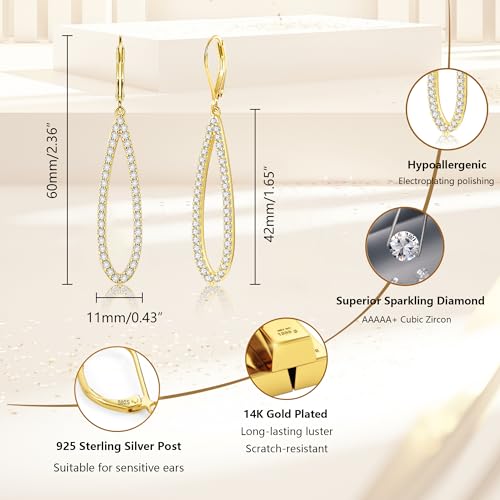 Teardrop Dangle Earrings for Women Cubic Zirconia Drop Leverback Earrings | Hypoallergenic Simulated Sparkly Teardrop Diamond Earrings Prom/Wedding/Evening Earring for Women Elegant Jewelry Gift - color: 14K Gold