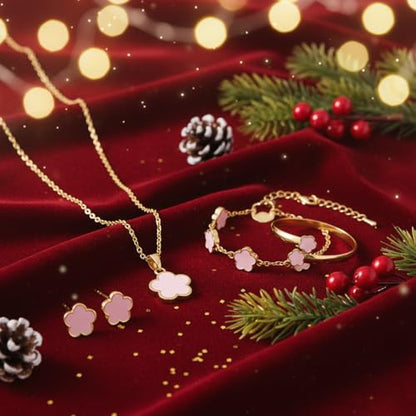 Clover Jewelry Set for Women Non Tarnish Gold-Tone Five Leaf Clover Necklace, Earrings, Ring, Bracelet Fashion Simple Floral Jewelry Set - color: Pink