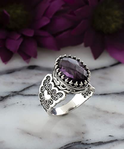 Filigranist 925 Sterling Silver Handcrafted Filigre Art Double Heart Detailed Women Cocktail Ring with Gemstones - color: Amethyst