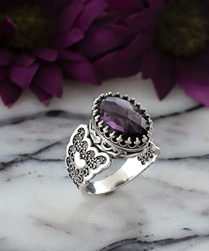 Filigranist 925 Sterling Silver Handcrafted Filigre Art Double Heart Detailed Women Cocktail Ring with Gemstones - color: Amethyst