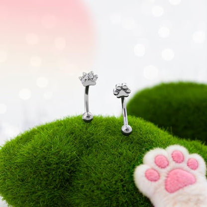 2Pcs Cat Paw Gold Eyebrow Rings Rook Piercing Jewelry 16G 6mm 8mm Threaded Cartilage Tragus Earrings 316L Stainless Steel Paw Prints Vertical Labret Lip Piercing Jewelry - color: Silver, size: 16 gauge(1.2mm)-8mm