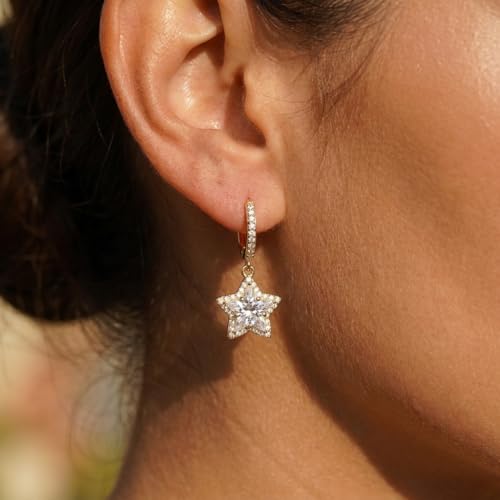 Sonateomber Christmas Tree Dangle Small Gold Hoop Earrings for Women, Cute Sparkly CZ Rhinestone Maple Clover Leaf Drop Earings Thanksgiving Holiday Accessories Fashion Jewelry Gift - color: Gold Star