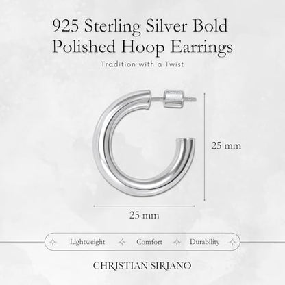 18K Gold Plated Sterling Silver Earrings for Women – Pure & Polished, Twist, Square, Hinged Tube, Abstract & Heart Shape Hoops – Lightweight, Hypoallergenic, Non-Tarnish Jewelry (Sizes: 3x35mm-46x30mm) - color: Silver, size: Polish Hoop (5x25mm)