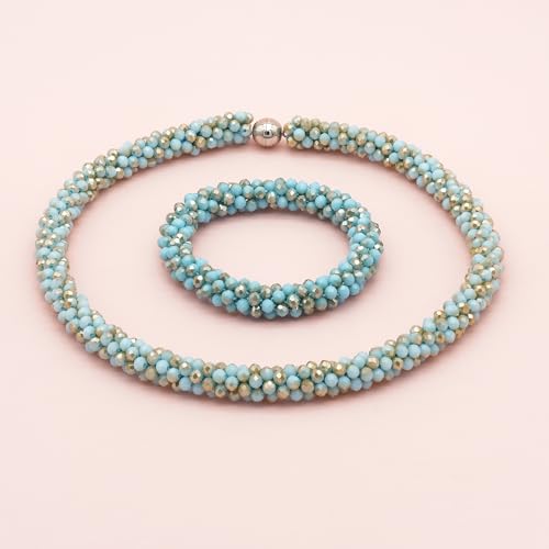 Hand Knotted Beads Statement Necklace Bracelet Jewelry Set Artificial Crystal Choker for Women- Handmade Beaded Strand Sparkly Faceted Crystal Rondelle-17inches, 30 Colors - color: Light Blue-Golden Set