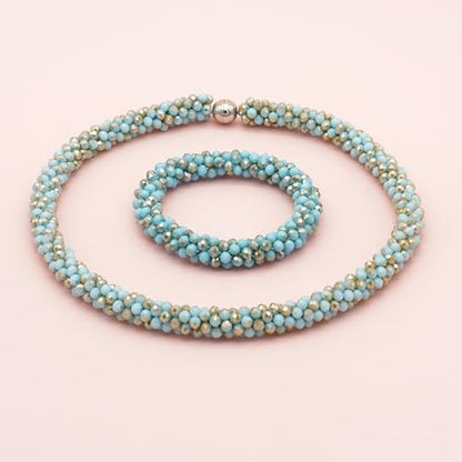 Hand Knotted Beads Statement Necklace Bracelet Jewelry Set Artificial Crystal Choker for Women- Handmade Beaded Strand Sparkly Faceted Crystal Rondelle-17inches, 30 Colors - color: Light Blue-Golden Set