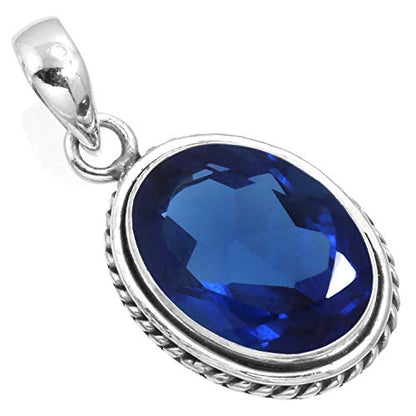 Chunky Natural Gemstone Pendant Necklace For Women Onyx, Turquoise, Amber, Garnet Oval Boho Genuine 925 Sterling Silver Handmade Jewelry - color: Blue Sapphire Simulated