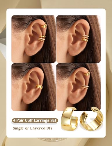 LOLIAS 4 Pairs Ear Cuffs Non Piercing - 14K Gold Plated Ear Cuff Earrings for Women Ear Cuff for Non Pierced Ears Clip on Cartilage Earring Adjustable Fake Earrings Set - style: Chunky-14K Gold Plated