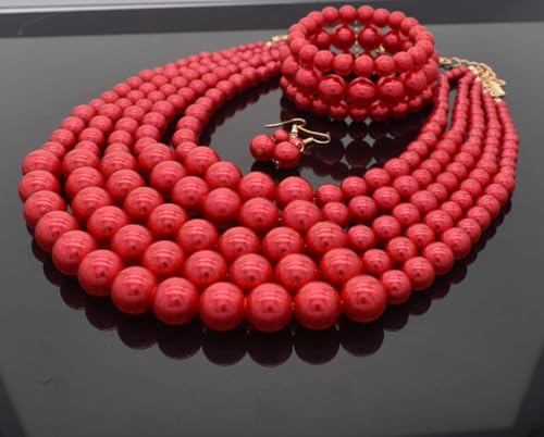 Faux Big Pearl Srand Necklaces for Women 5 Layers Pearls Choker Bib Collar Necklace Bracelet and Earrings set 1920s Costume Pearl Jewelry Bridal Wedding - color: red