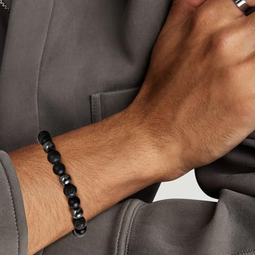 Mens Bead Bracelet Set - Adjustable Elastic Rope With 6&8MM Natural Stone Multi-Colored Beads - Tiger Eye Bracelets for Men - Gift - style: 1,3 Black beads