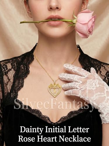 14K Gold Initial Letter Rose Heart Pendant Necklace for Women, Anniversary Birthday Jewelry Gifts for Wife Mom Grandma Sister Daughter, I Love You for Always And Forever - style: 14K Gold-R