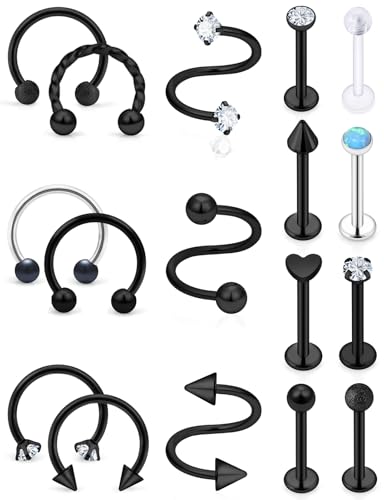 16G Horseshoe Lip Rings 316L Surgical Steel Medusa Labret Snake Bite Monroe Lip Ring 16 Gauge Tragus Forward Helix Conch Cartilage Lobe Earrings Stud Piercing Jewelry For Women Men - color: Black