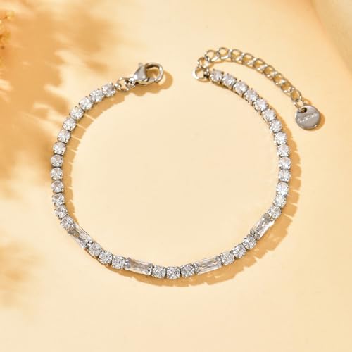Tennis Bracelet for Women 18K Gold Plated White Red Green Black Blue Pink 3mm Cubic Zirconia Bracelet Dainty Diamond Adjustable Bracelet Trendy Jewelry Gift - color: White Tennis-White Gold