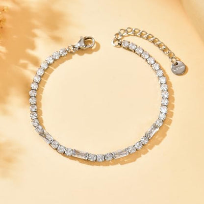 Tennis Bracelet for Women 18K Gold Plated White Red Green Black Blue Pink 3mm Cubic Zirconia Bracelet Dainty Diamond Adjustable Bracelet Trendy Jewelry Gift - color: White Tennis-White Gold