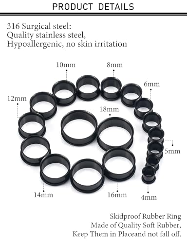 12G-25mm Single Flared Gauges Tunnels Stretching Kit 316L Surgical Steel O-ring Ear Gauges Plugs Earring Lobe flesh Tunnel Gauge Stretcher Silver Black Gold Color Tone - color: Black, size: 6g/4g/2g/0g/00g/12mm/14mm/16mm18mm