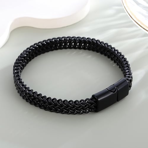 Braided Chain Bracelet 1-Pack - Stainless Steel Franco Link Bracelet with Push-Button Clasp (Gold, Silver, Black Options) - color: Black