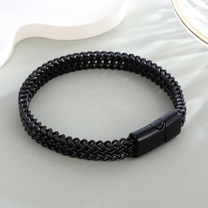Braided Chain Bracelet 1-Pack - Stainless Steel Franco Link Bracelet with Push-Button Clasp (Gold, Silver, Black Options) - color: Black