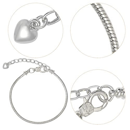 tiggell 10pcs Chain Bracelets Kit Silver Plated Snake Chain with Heart Lobster European Charm Bracelet for Christmas DIY Women Jewelry Findings Bracelet Making (Silver) - color: Silver