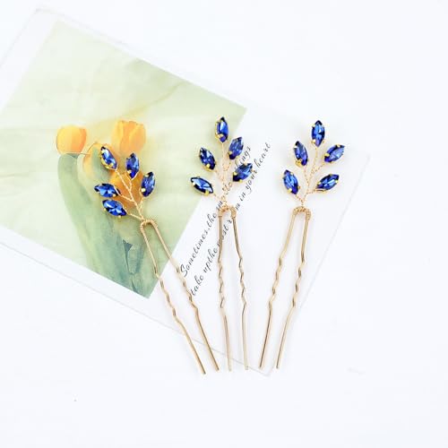 Dizila 7 Pieces Royal Blue Party Prom Wedding Bridal Crystal Rhinestone Vine Leaf Hair Side Combs + Rhinestone U-shaped Hair Pins Headpieces for Brides Bridesmaids Women Girls - color: Royal Blue