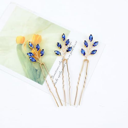 Dizila 7 Pieces Royal Blue Party Prom Wedding Bridal Crystal Rhinestone Vine Leaf Hair Side Combs + Rhinestone U-shaped Hair Pins Headpieces for Brides Bridesmaids Women Girls - color: Royal Blue