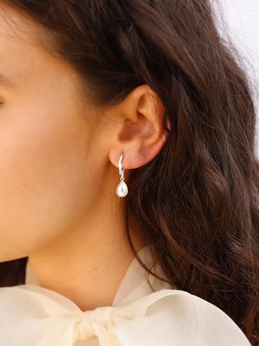 Freekiss Pearl Earrings for Women Trendy: Flat Back Stud Earrings 14K Gold Plated/925 Sterling Silver Freshwater Pearl Dangle Earrings Cute Bow Earrings Wedding Jewelry Birthday Gifts for Women Girls - style: leverback drop earrings-SL