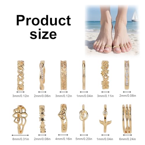 12pcs Toe Rings, 12 Styles Adjustable Copper Open Toe Ring Gold Foot Decoration Jewelry Set for Women Summer Beach
