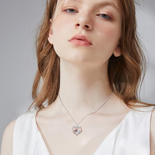Heart Birthstone Necklace for Women 14K Rose Gold/White Gold Filled Overlapping Double Hearts Pendant Anniversary Valentine's Day Birthday Mother's Day Christmas Gifts for Wife Mom Daughter Her - color: 03-06-Mar-Jun Birthstone-A, style: Double-Layered Lo