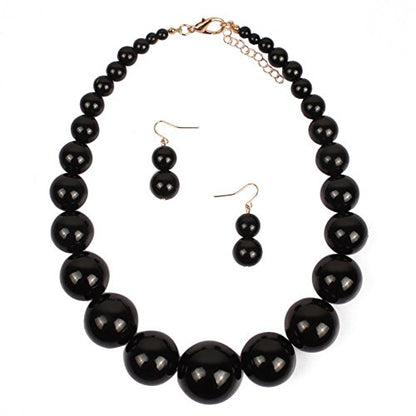 Large Style Big Imitate Pearl Strand Choker Necklace With Earrings Set - color: Black