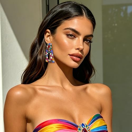 Flyonce Rectangle Clip-on Drop Earrings for Women, Sparkly Rhinestone Crystal Geometric Statement Non Pierced Earring Wedding Prom Party Jewelry for Brides Bridesmaid - color: Colorful