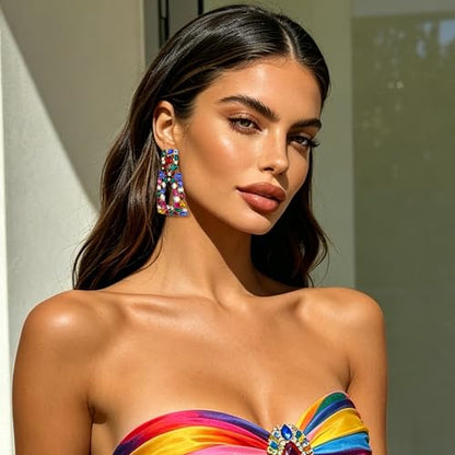 Flyonce Rectangle Clip-on Drop Earrings for Women, Sparkly Rhinestone Crystal Geometric Statement Non Pierced Earring Wedding Prom Party Jewelry for Brides Bridesmaid - color: Colorful