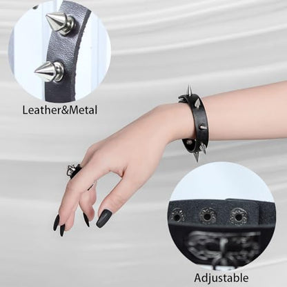 LAPOHI 6 PCS Leather Bracelets for Men Women Punk Goth Rock Spiked 80s Stuff Cool Metal Studded Accessories Black Cuff Wristband for Party Cosplay Night Club Sexy Gift Halloween
