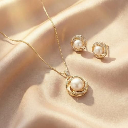 Mariell Freshwater Pearl Wedding Necklace Earrings Set for Brides, Bridesmaids, Birthday Gift - color: Gold
