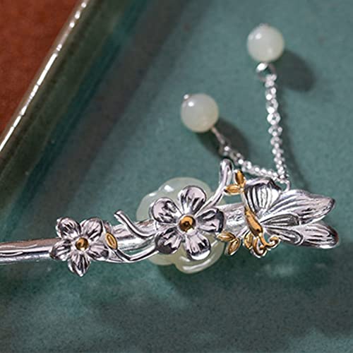 Hotan Jade S925 Silver Plated Hairpin Butterfly with Pearl and Plum Blossom Chinese Hanfu Style Hair Sticks Retro Handmade Hair Clip Hair Accessories for Women Girls Long Hair (Hotan Jade) - color: Hotan Jade