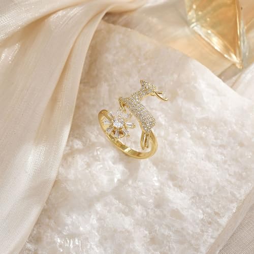 Sunflower Fidget Ring for Women Gold Anxiety Crystal Rings Cubic Zirconia Sunflower Open Adjustable Fidget Ring Spinner Sun Ring for Men Trendy Jewelry - color: Deer Gold