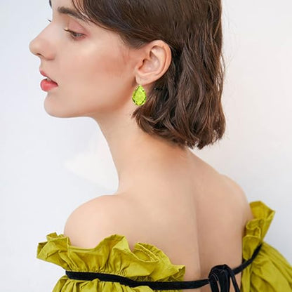 14K Gold Teardrop Crystal Leverback Earrings Sparkly Rhinestone Water Droplet Dangle Drop Earrings For Women - color: Neon Yellow