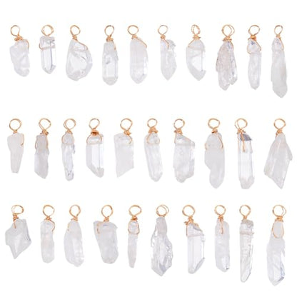 AHANDMAKER 30pcs Natural Quartz Crystal Pendant, 1 Inch Golden Copper Wire Wrapped Gemstone Charm Knotting Crystal Beads Column Drop for Earring Necklace Jewelry Making, Hole 2.8mm