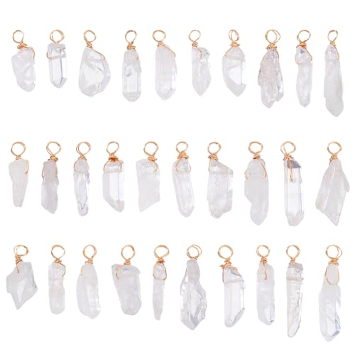 AHANDMAKER 30pcs Natural Quartz Crystal Pendant, 1 Inch Golden Copper Wire Wrapped Gemstone Charm Knotting Crystal Beads Column Drop for Earring Necklace Jewelry Making, Hole 2.8mm