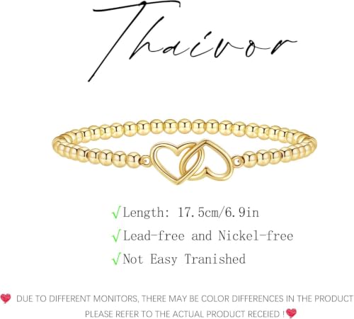 Beaded Bracelets for Women 14K Silver Gold Plated Stretch Handmade Ball Bracelets Cute Charm Bracelet Dainty Stackable Cross Heart Bow Wave CZ Circle Trendy Jewelry Easter Gifts - color: double-heart