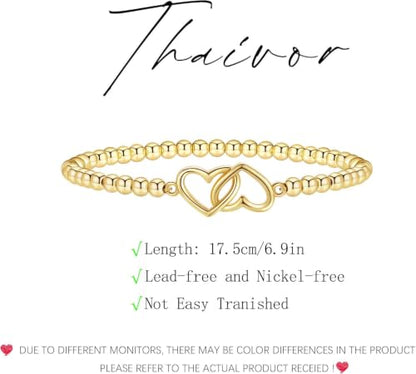 Beaded Bracelets for Women 14K Silver Gold Plated Stretch Handmade Ball Bracelets Cute Charm Bracelet Dainty Stackable Cross Heart Bow Wave CZ Circle Trendy Jewelry Easter Gifts - color: double-heart