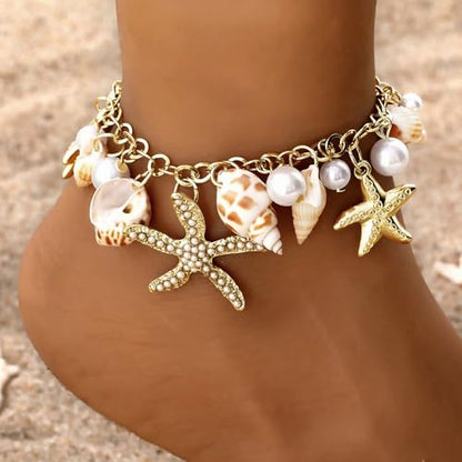 Qceasiy Shell Ankle Bracelets for Women, Boho Beaded Beach Anklet Set | Seashell, Heart, Starfish and Conch Styles, Gold-Tone, Stretch or Adjustable Fit, Layered Beach Vacation Jewelry Gifts - color: Gold 3