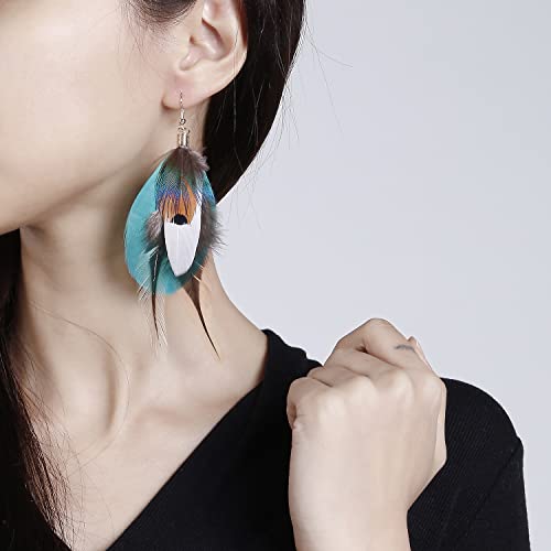 Bohemian Pheasant Peacock Long Feathers Statement Earrings Handmade Natural Lightweight Feather Dangle Earrings for Women (ea000071) - color: Short Blue