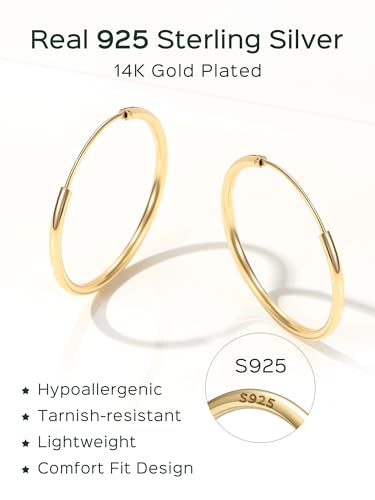 ChicSilver 925 Sterling Silver Hoop Earrings for Women Hypoallergenic, Lightweight Large Gold Plated Silver Hoop Earrings, Endless Hoops Earring 20/30/40/50/60/70MM - color: A. High Polished Gold, size: 30mm