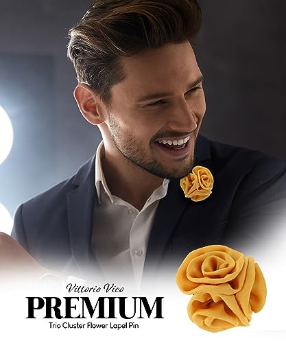 Premium Trio Cluster Flower Lapel Pin - Formal Boutonniere for Men, Flower Brooch Pin - color: Mustard