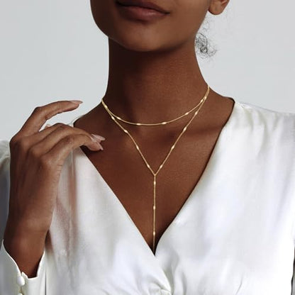 HAXIYA Gold Pearl Y-Shaped Necklace for Women Layered Lariat Long Pendant | 14K Gold Plated/Sterling Silver Dainty Drop Chain Layered Pearl/Beaded Necklaces Simple Gold Jewelry for Women - color: Sequin - Gold