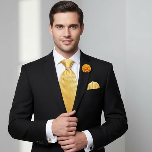 5PCS Mens Silk Tie, Pocket Square, Cufflinks, Drilled Tie Ring and Lapel Pin Set for Wedding Groom Party - color: Champagne Tie Set