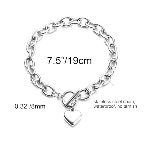 14K Gold Silver Tone Women’s Heart Charm Bracelets Toggle Clasp Stainless Steel Link Bracelet Minimalist Jewelry 7.5” - color: polish heart-white